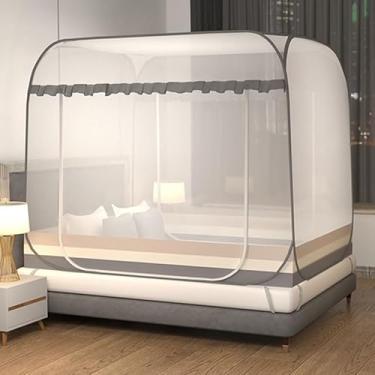 Imagem de Rede de Mosquiteiro Yurt Dupla para Cama – Proteção Anti-Mosquito, Sem Instalação, Fibra de Poliéster com Suporte de Aço Inoxidável(1.8米寬*2.0米長【全底防摔】,單門【賓灰三紋】方頂加大)