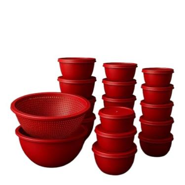 Imagem de Pote De Vidro Com Tampa Bambu,Potes Bowl PláStico Com Tampa + Lava Tudo Multiuso OrganizaçãO Cozinha(VERMELHO)