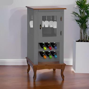 Imagem de Adega Rústica 1 Porta Com Espaço Para Até 8 Garrafas Com Pés Luiz Xv - Cinza Laca Com Tampos E Base Imbuia Glazer