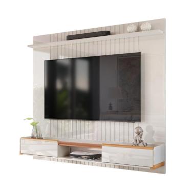 Imagem de Painel Ripado Atlas - Mdf 1 Prateleira, Espaço Para Tv Até 70" Off White Perolizado-jequitiba - Lukaliam Móveis