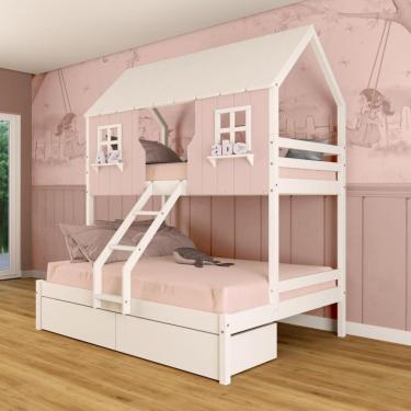 Imagem de Beliche Casal/ Solteiro Casinha Encantada Com 02 Gavetas Madeira Maciça Rosa/ Branco Megamobilia