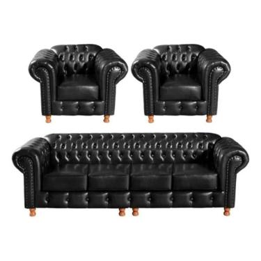 Imagem de Conjunto Sofá 4 Lugares E 2 Poltrona Chesterfield Luís Xv Vintage Retrô Capitonê Couro Preto