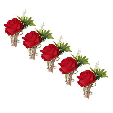 Imagem de Zerodis Rosa Boutonniere Casa Jardinagem Decoração de Casa Festivais Corsage Para Casamento 5 Pcs Flores Brancas Para Noivo E Noiva Ternos Rosa Boutonniere Flor Artificial Artesanal (Vermelho)