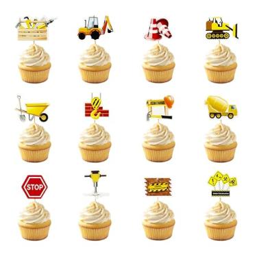 Imagem de TSJ 36 PCS Construction Cupcake Toppers Stop Sign Dump Truck Excavator Tractor Cake Topper Construction Party Decorations for Birthday Party, Baby Shower