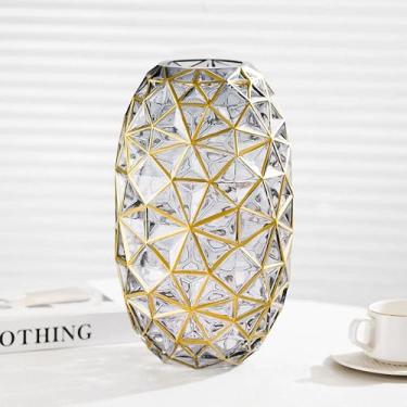Imagem de Vaso de cristal de vidro em forma de diamante dourado e cinza pintado à mão, 34,5 cm de altura, decoração de escritório grande de vidro moderno para sala de estar, mesa de jantar, centro de mesa