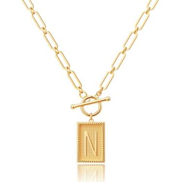 Imagem de Robaice Colar feminino banhado a ouro 14K, pingente de alfabeto personalizado com gravação inspiradora, corrente de clipe de papel, joia que não mancha, presente para ela, 18'' + 2'' extender, Metal