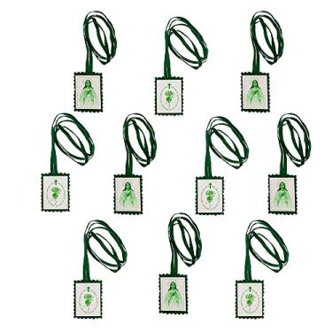 Imagem de Pacote com 10 Escapulários Verdes | Uma etiqueta dupla face com imagem da Mãe Abençoada e do Coração Imaculado de Maria | Ótimo presente católico para confirmação | Devocional Cristão Reconfortante