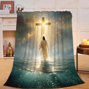 Imagem de Cobertor Jesus Cristão Jesus Caminhando na Água Cobertor de Lã Cruz de Cristo Religioso Macio Aconchegante Pelúcia Quente Cobertores de Roupa de Cama Presentes para Meninos Meninas Crianças Adultos