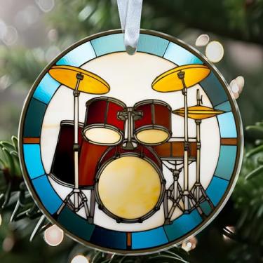Imagem de NKPDesigns Ornamento de bateria - Design de acrílico redondo para amantes de música e bateristas - Decoração de árvore de Natal musical - Presente para membros da banda ou músicos