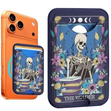 Imagem de Fjdcslwx Compatível com porta-cartão magnético Magsafe – Carteira de telefone azul esqueleto para mulheres adolescentes fofas para iPhone 17/16/15/14/13/12 série fina para Apple Mag RFID Magnet, serve