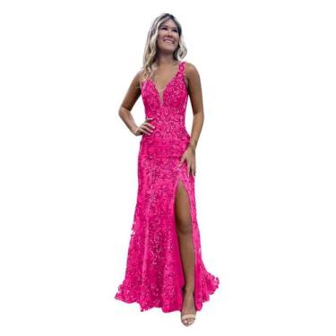 Imagem de Vestido de formatura CDSSL Mermaid com decote em V, lantejoulas, rosa 