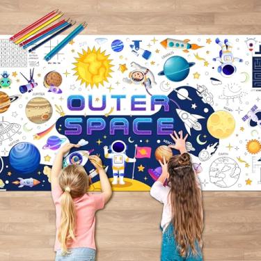 Imagem de Toalha de mesa para colorir espaço sideral, 187 x 80 cm, pôster grande para colorir espaço, sistema solar, banner gigante para colorir astronauta, para decorações de festa de aniversário no espaço