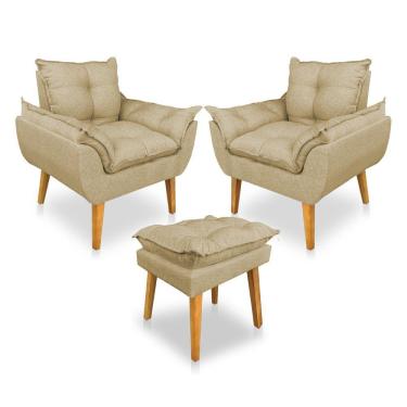 Imagem de Kit 2 Poltronas Decorativa E Puff Opala Luxo Linho Dourado Sky Mobile