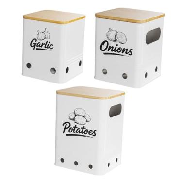 Imagem de FytStycale Conjunto de 3 Recipientes para Armazenar Batatas E Cebolas. Latas Resistentes com Furos de Ventilação E Tampas de Bambu. Organizador, Branco