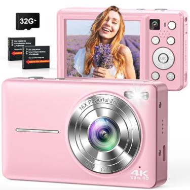 Imagem de Câmera digital, câmeras 4K 64 MP para fotografia, câmera digital compacta pequena com foco automático, câmera dupla, flash, zoom de 16X, cartão de 32 GB, câmera de vlogging para adolescentes, meninos