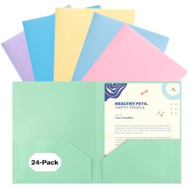 Imagem de EEHZTSI Pacote com 24 pastas de plástico com bolsos, pastas de poliéster com 2 bolsos para guardar papel tamanho carta dos EUA para escola/escritório/casa, cores pastel, sortidas