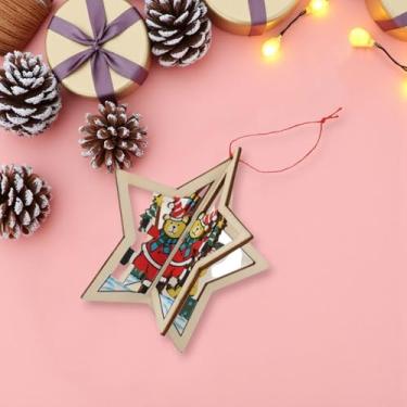 Imagem de Generic 1 peça de enfeites de Natal para pendurar pingente oco tridimensional de cinco pontas de ursos estrelados de madeira marrom claro 10,5 x 10,5 cm