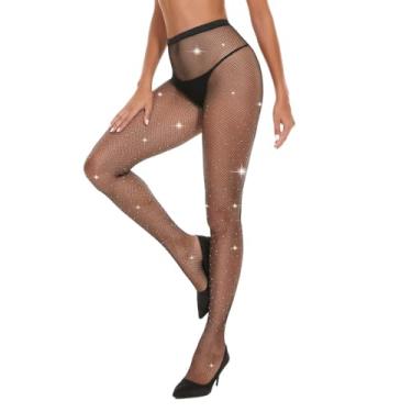 Imagem de Meia-calça arrastão feminina com strass - meia com glitter de cintura alta (branca), Preto, tamanho �nico