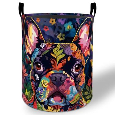 Imagem de Cesto de roupa suja buldogue francês, 50 x 40 cm, balde de armazenamento de roupas Oxford colorido dobrável à prova d'água para quarto, banheiro, quarto, berçário, organizador de brinquedos, presentes