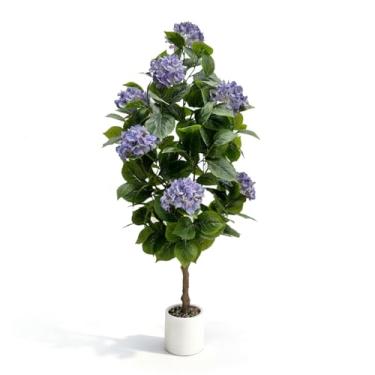 Imagem de MDJTT Hortênsia sintética de 1,5 m, hortênsia artificial para ambientes internos e externos, planta de seda falsa com tronco realista, folhas e cachos de flores roxas, árvore em vaso artificial com