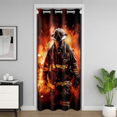 Imagem de Cortina de porta de bombeiro 1 painel, 86 cm L x 203 cm C, cortina de porta de privacidade de combate a incêndio com chama realista para decoração de sala de estar e quarto, cortina de entrada vintage