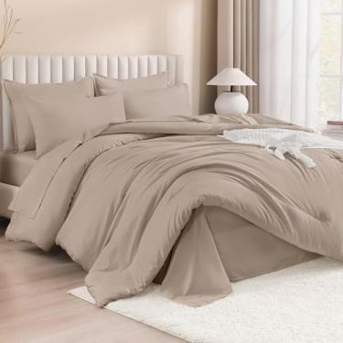 Imagem de Litanika Conjunto de edredom king size café leve - 7 peças, conjunto de cama em um saco, conjunto de cama leve sólido com edredom, lençóis, fronhas e fronhas