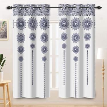Imagem de TTQYFNM Cortinas com listras brancas e azuis medalhão tecido mandala, boêmio, damasco, blackout para quarto, sala de jantar, escurecimento, ilhós, tratamentos de janela, conjunto de 2 painéis, 107 x