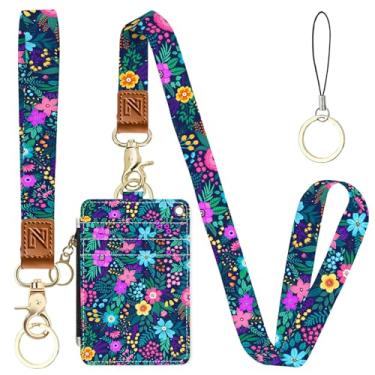 Imagem de Porta-crachá de identificação 2 em 1 com flores verdes e carteira com cordão para professores, enfermeiras, profissionais - linda bolsa de moedas com zíper, alça de pulso removível e cordão de pescoço