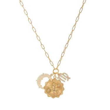 Imagem de Colares de ouro do zodíaco para mulheres, peças de presentes do zodíaco com opala lua crescente e pingente de moeda, joias de astrologia, colar de horóscopo de constelação, presentes de signo da moda