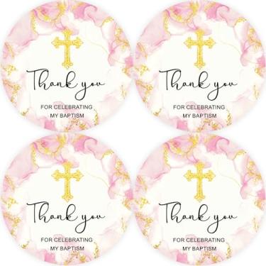 Imagem de 40 adesivos de agradecimento ao batismo, adesivos redondos cruz rosa My Baptism, etiquetas redondas Mi Bautizo para lembrancinhas de festa temáticas de aniversário/batizado