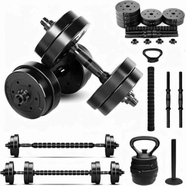Imagem de Kit de Musculação Ajustável 20kg Conjunto com Halteres, Anilhas, Barras e Kettlebell Preto, para Treino em Casa