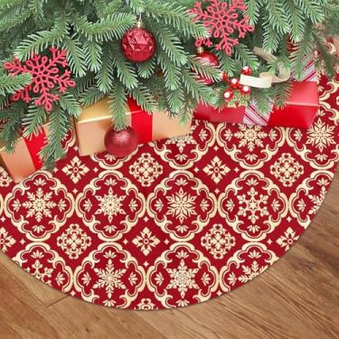 Imagem de Saia de árvore de Natal dourada vermelha 91 cm com estampa de blocos de floco de neve de Natal para tema de férias de inverno, sazonal, ao ar livre, casa de fazenda, decoração de festa de ano novo