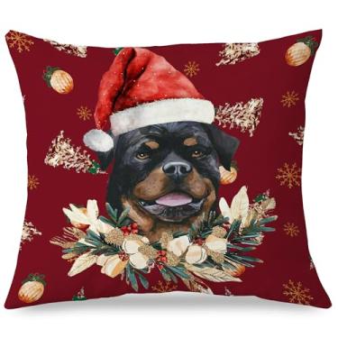 Imagem de Exqcom Capas de travesseiro Rottweiler vermelho de Natal 45,7 x 45,7 cm, presentes de decoração de Natal, rústica, Papai Noel, para casa, sala de estar, quarto, sofá