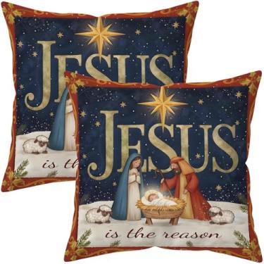 Imagem de Conjunto de 2 capas de travesseiro de Natal para presépio 45,7 x 45,7 cm, capas de almofada decorativas com estampa dupla face com design de Jesus é a razão, capas de almofada de Natal para sofá e