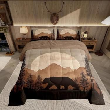 Imagem de Feelyou Conjunto de edredom de urso para todas as estações, animais selvagens, com 2 fronhas, cabana rústica, campo, microfibra, crianças, natureza, vida selvagem, urso para decoração de quarto