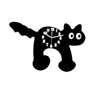 Imagem de Fenteer Relógio de parede de desenho animado silencioso, ornamento simples em forma de gato, decoração para pendurar, ideal para quarto infantil ou jardim de, Preto