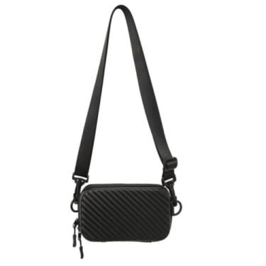 Imagem de Bolsa de ombro listrada diagonal PU unissex leve com zíper bolsa carteiro masculina (preta)