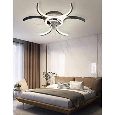 Imagem de Luminária de teto LED moderna e multifuncional com ventilador, dimerizável, ideal para quarto e sala de estar, com controle remoto e ajuste de intensidade da luz (preta).