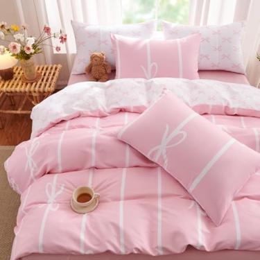 Imagem de CCoutueChen Conjunto de capa de edredom com laço rosa, Queen Coquete, para meninas e crianças, estilo princesa, com laço e laço ultramacio, conjunto de capa de edredom com 2 fronhas (sem edredom)