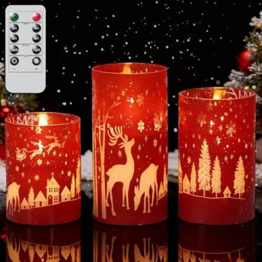 Imagem de Wondise Velas LED sem chama de rena vermelha de Natal com temporizador remoto, vidro galvanizado operado por pilar de cera real cintilante 3D para decoração de casa de Natal