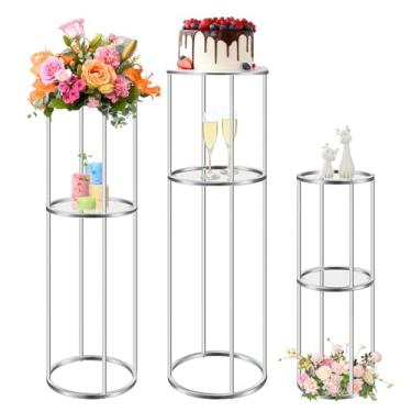 Imagem de Conjunto de suportes de flores de pedestal de cilindro de metal de 2 camadas, expositor de prateleira de acrílico de metal alto para centros de mesa de casamento, expositores de vasos, decorações de