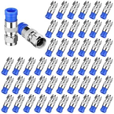 Imagem de Copkim Pacote com 50 conectores de compressão Rg6, adaptadores coaxiais de cabo de antena reta tipo F, conectores de compressão azuis para a maioria dos cabos coaxiais de satélite ou cabo