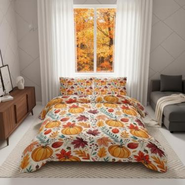 Imagem de QOOMO Jogo de cama com estampa de plantas de desenho animado fofo de abóbora, tamanho casal, para decoração de quarto de meninos, meninas e adolescentes, macio e leve para todas as estações, 1 edredom