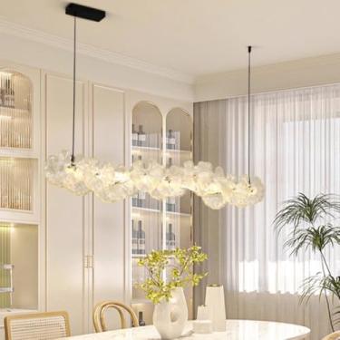 Imagem de Luminária principal de luxo em estilo francês com cúpula de vidro criativa em formato de folha de lótus, ideal para quarto e sala de jantar (Luminária pendente longa de 100 cm).