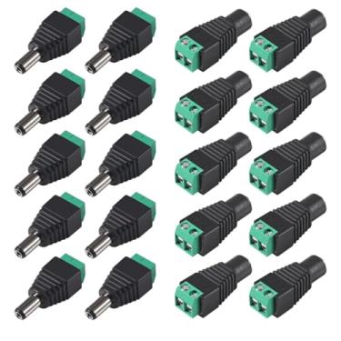 Imagem de 10 pares de conectores de alimentação CC 5,5 mm x 2,1 mm 12 V adaptador de tomada de alimentação 10 x macho e 10 x fêmea para fita de LED CCTV câmera de segurança cabo terminais plugue adaptador