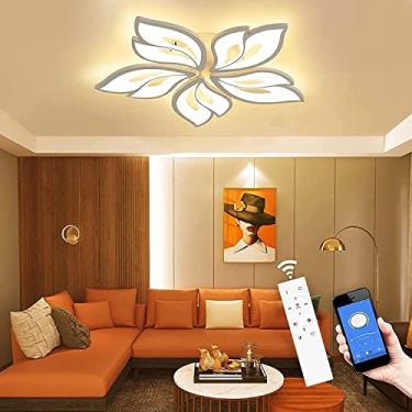 Imagem de ZIGONO Luz de Teto Moderna com Controle Remoto e Aplicativo, 40-80 W 24,4 ”Lustre Led Regulável com Montagem Embutida, Luminária de Teto com Flor de Folha de Acrílico para Sala de Estar, Sala de Janta