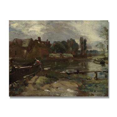 Imagem de NHLDZYH Arte em tela de paisagem estilo Constable, (sem título 15), pintura romântica do campo inglês, decoração de parede texturizada com pincelada pesada. Apenas tela de 50 x 65 cm - 19,7 x 25,6 pol