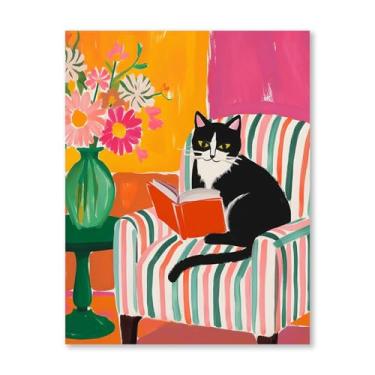 Imagem de RLTXBUK Kits de ponto cruz para gatos, kit de leitura de gato de smoking com ponto cruz estampado para iniciantes, adultos, crianças, amantes de livros, presentes para mulheres, presentes para amantes