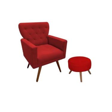Imagem de Kit Poltrona Decorativa Aurora + 1 Puff Redondo Suede Vermelho Pés Mad