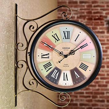 Imagem de Relógio de parede redondo marrom de ferro forjado com aparência antiga dupla face retrô de duas faces, lustre redondo, relógio para pendurar na parede, decoração de casa, relógio de parede